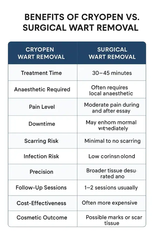 Table showing the benefits of cryopen to remove warts Dorset compared to surgical treatment